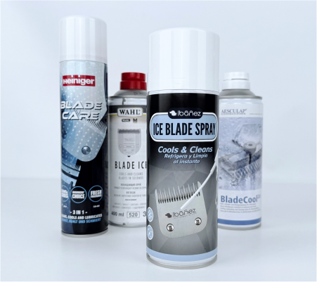 Sprays refrigerantes de diferentes marcas para enfriar y lubricar cabezales de corte en la peluquería canina